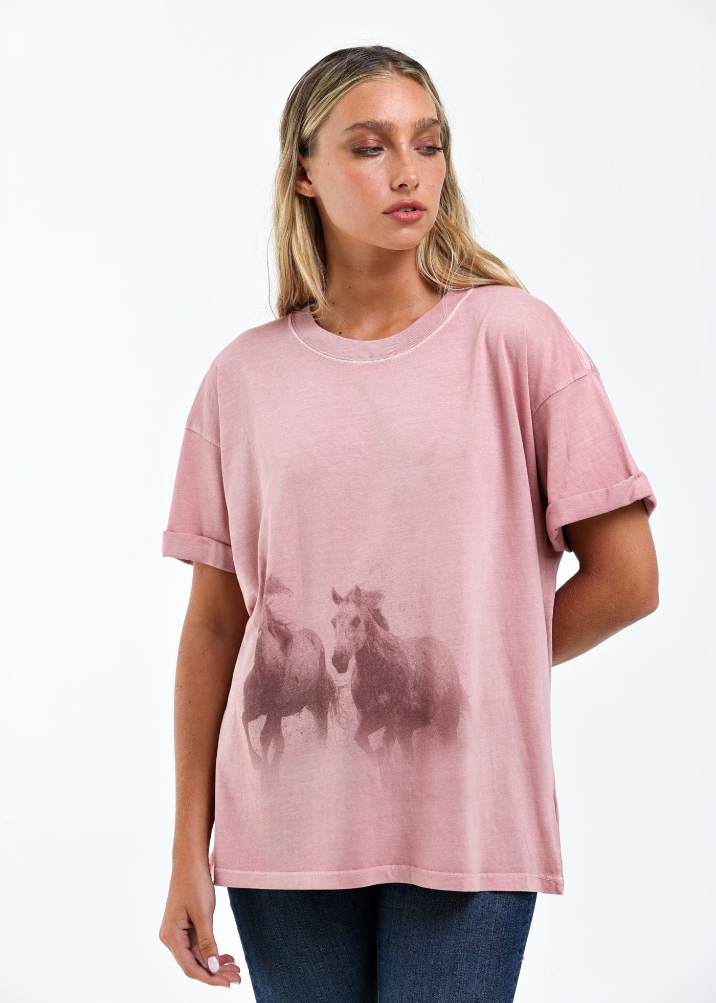 Girl-Dangerous Running Horses Dusty Pink Boyfriend Tee available in Joshua Tree at JT Trading Post