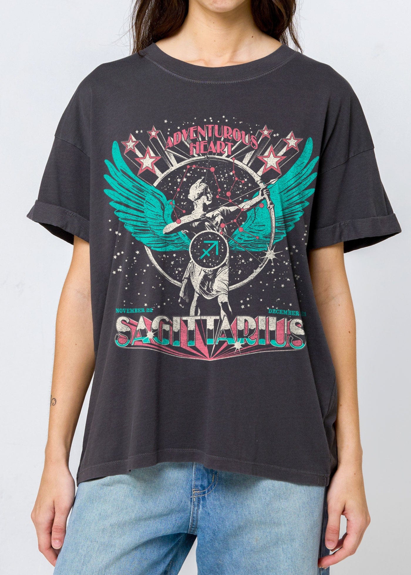 Girl-Dangerous Sagittarius Zodiac Reunion Tour Vintage Black Boyfriend Tee available in Joshua Tree at JT Trading Post