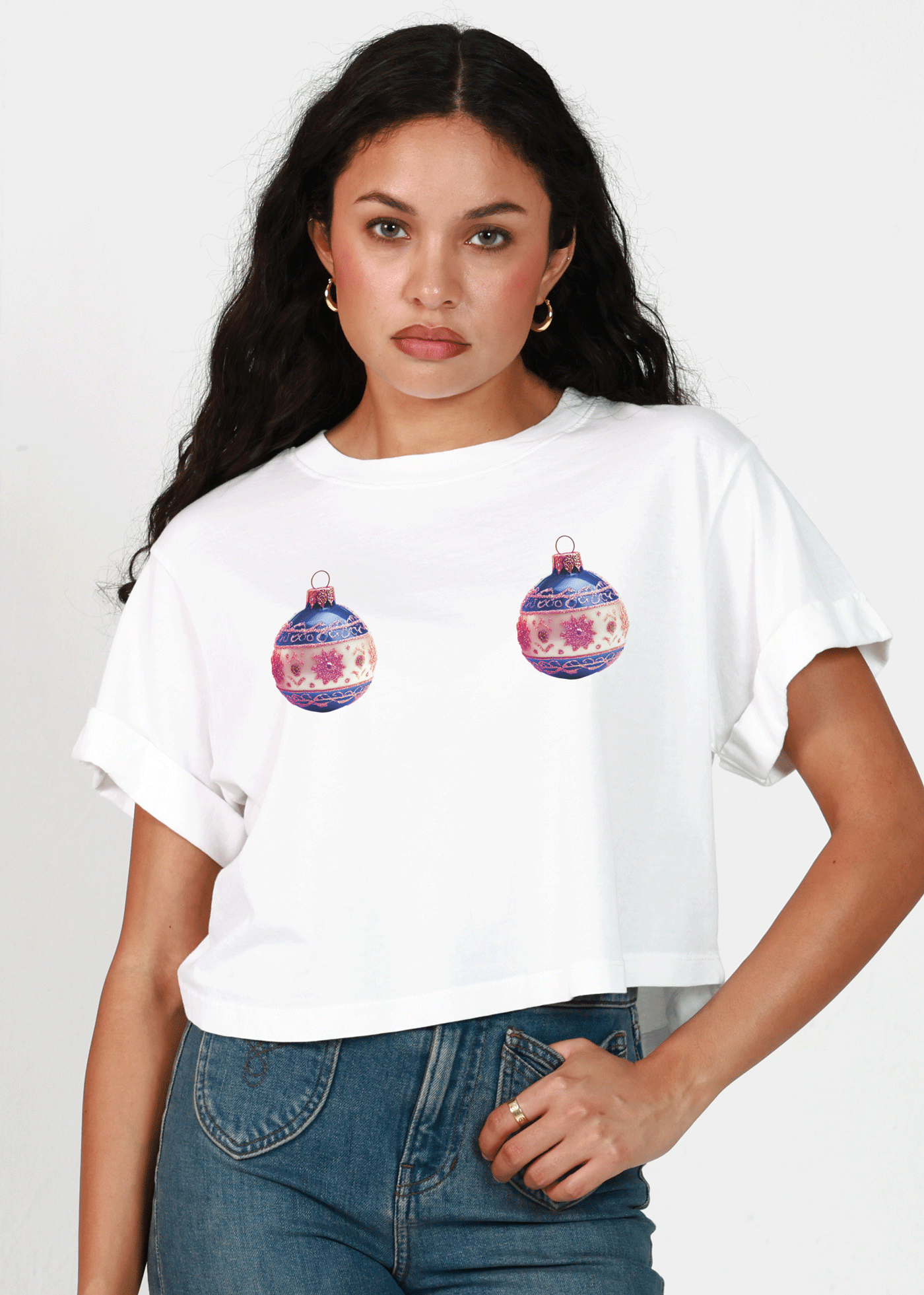 Girl-Dangerous Holiday Ornaments Vintage White Cropped Boyfriend Tee available in Joshua Tree at JT Trading Post