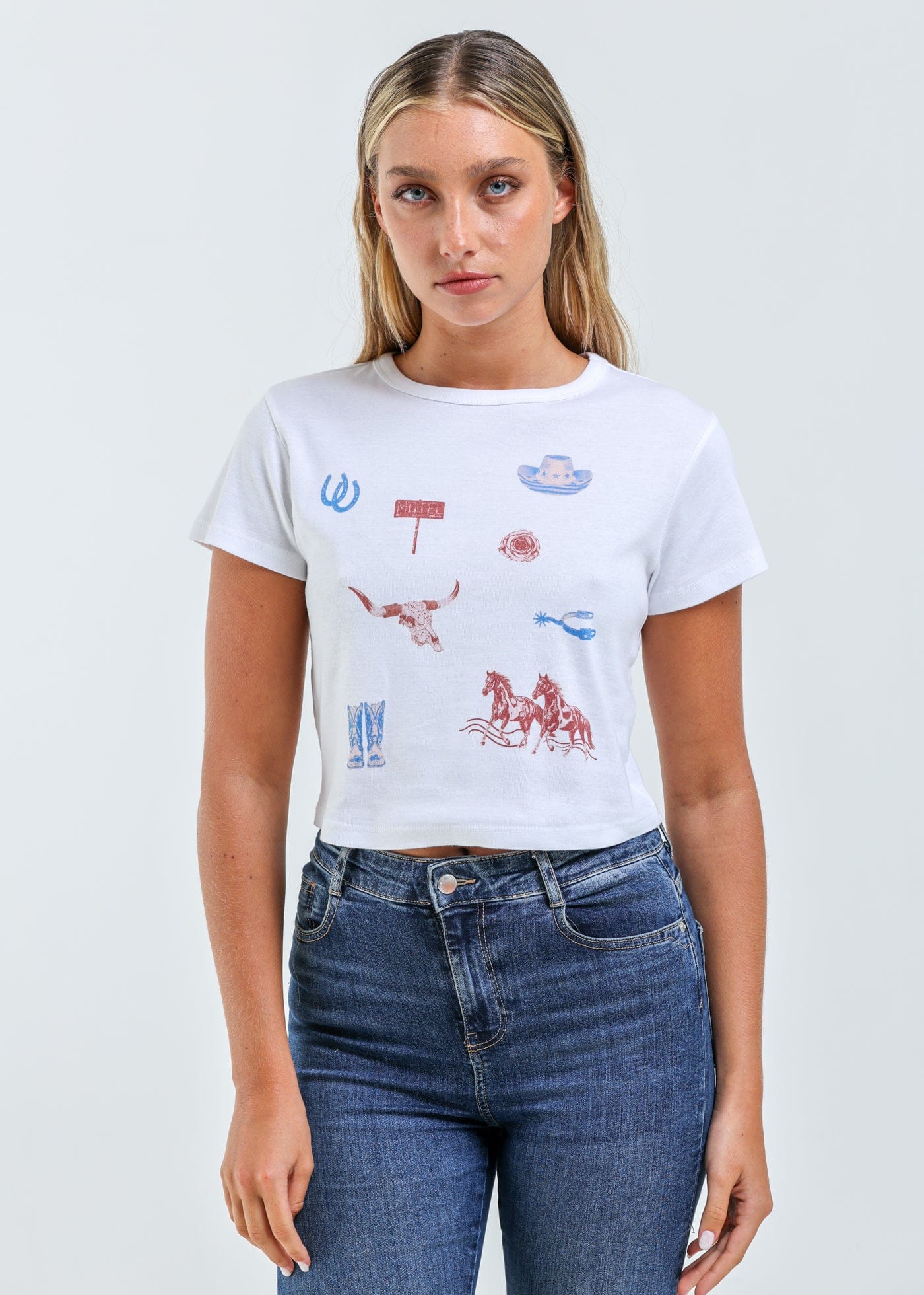 Girl-Dangerous All Over Western White Baby Tee available in Joshua Tree at JT Trading Post