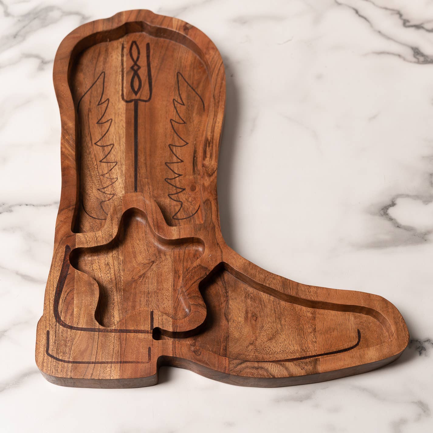 JTTP Products Acacia Wood Cowboy Boot Chip & Dip Platter available in Joshua Tree at JT Trading Post