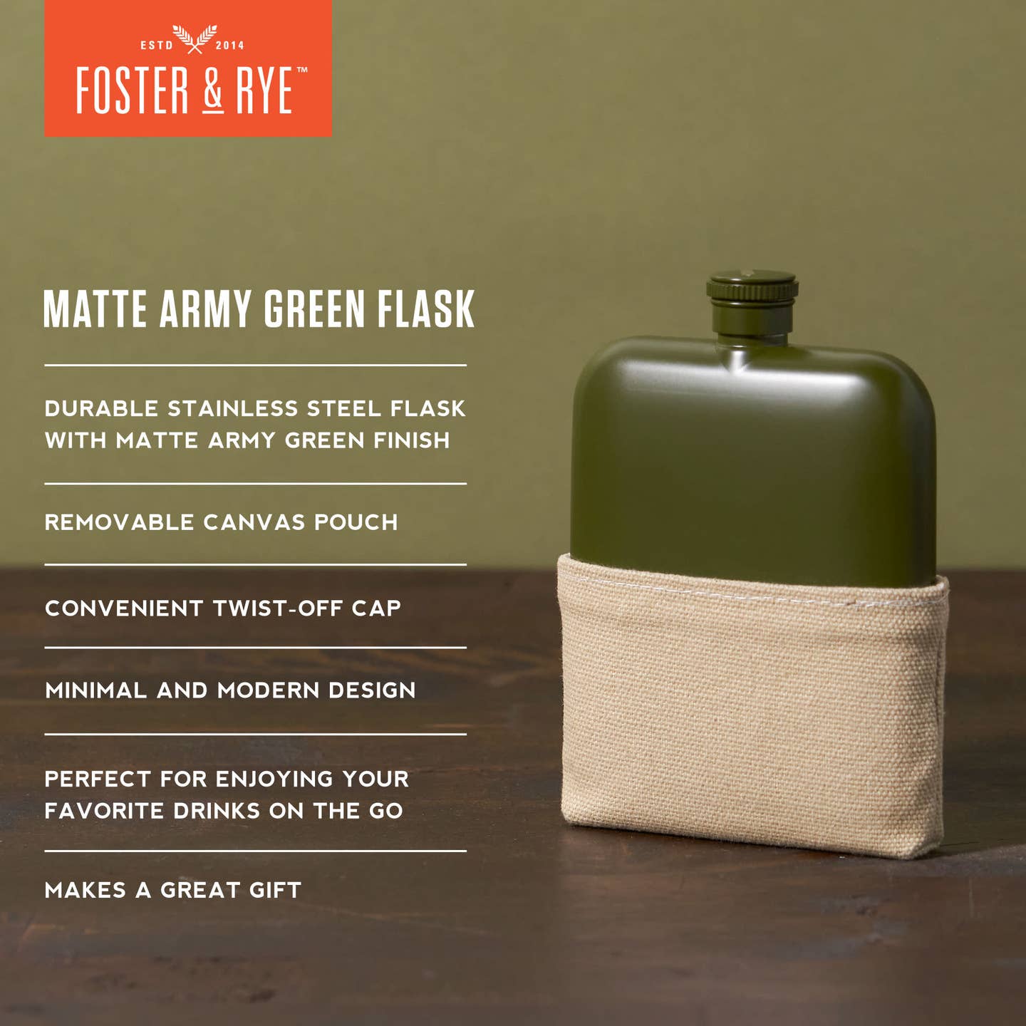 JTTP Products Matte Army Green Flask available in Joshua Tree at JT Trading Post