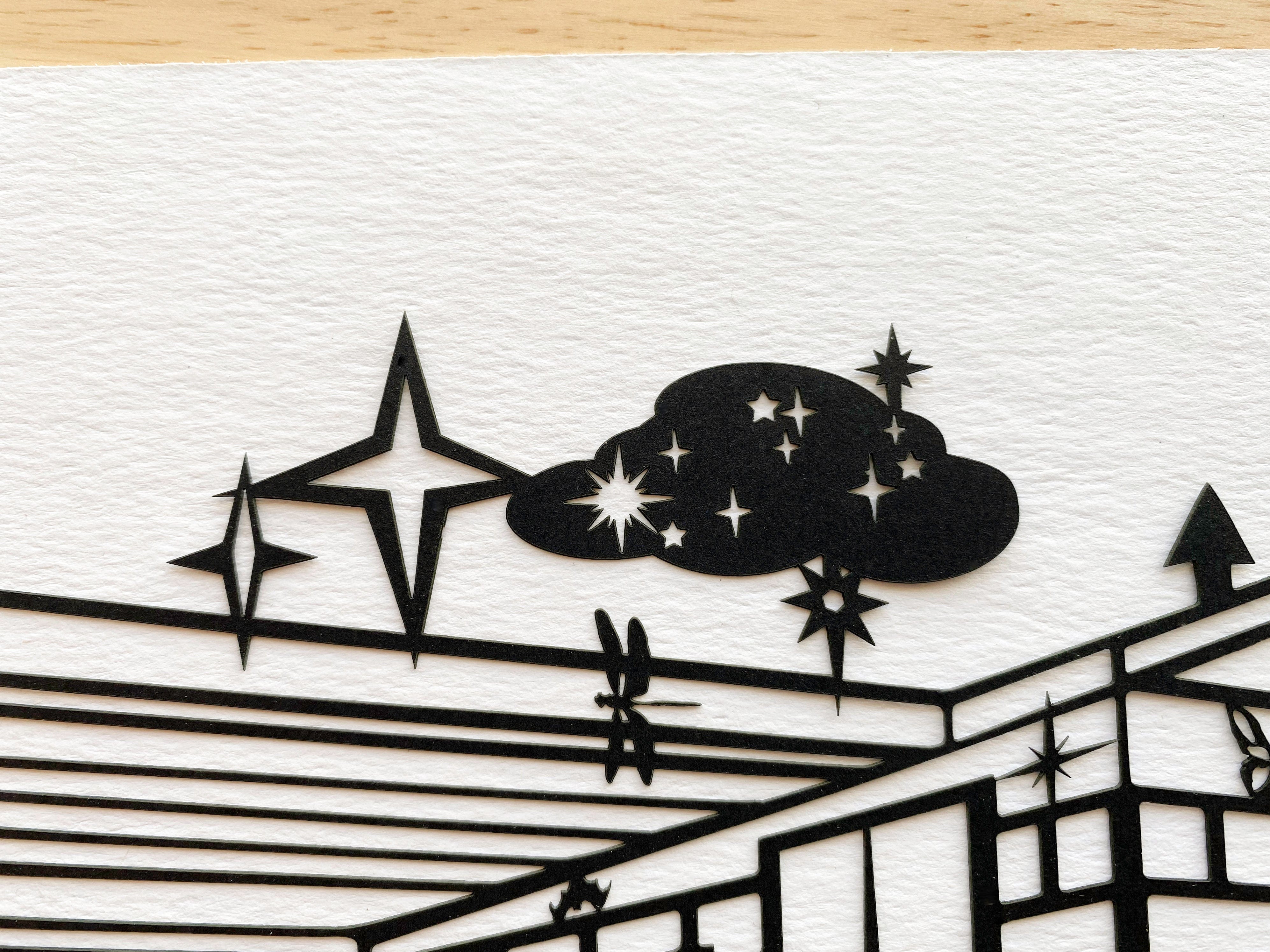 kreaturetown Joshua Tree:  "Moon & Stars"  9x12 Cut Paper available in Joshua Tree at JT Trading Post