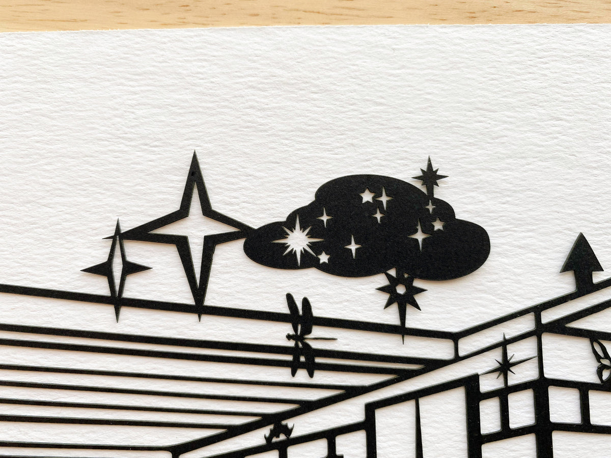 kreaturetown Joshua Tree:  "Moon & Stars"  9x12 Cut Paper available in Joshua Tree at JT Trading Post
