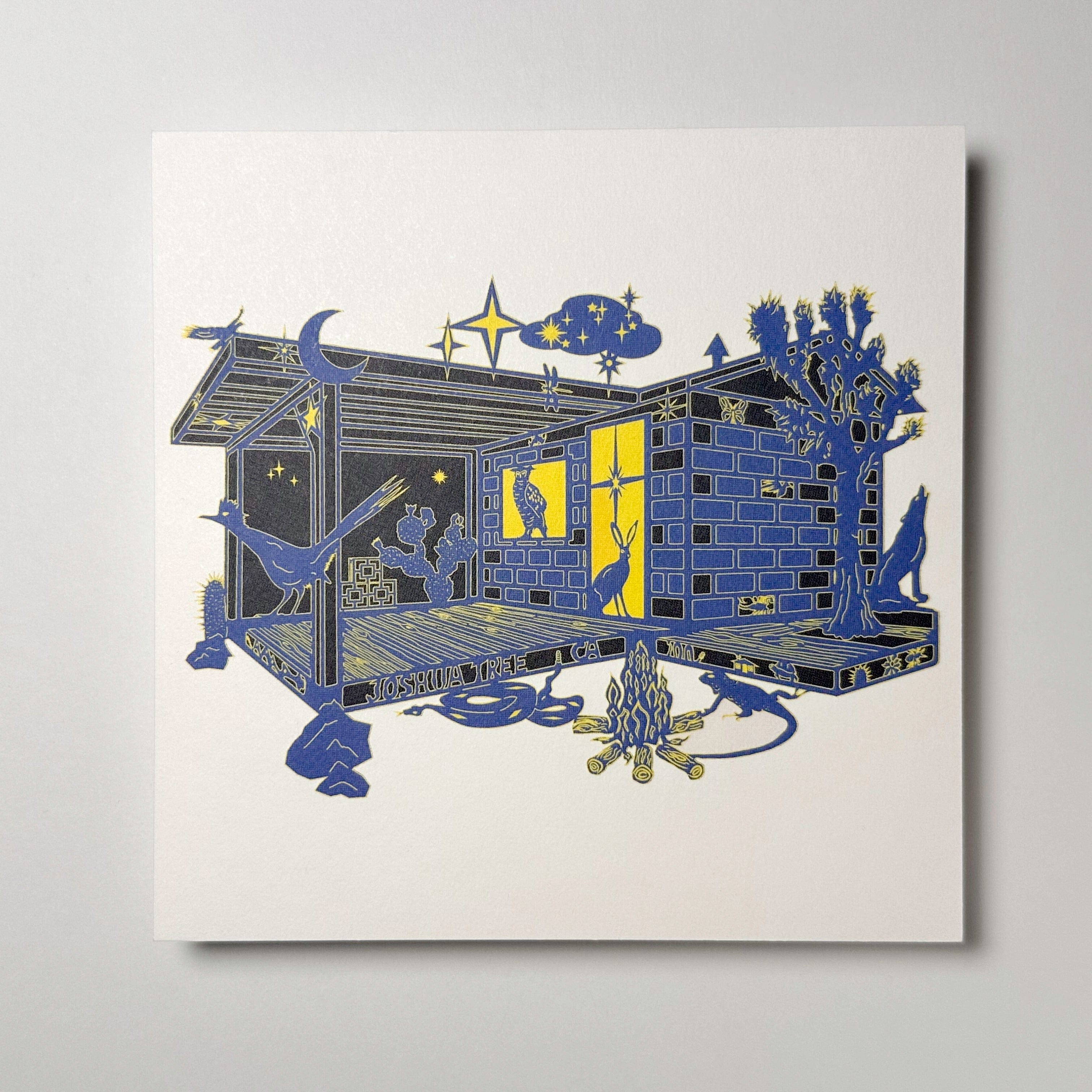 kreaturetown Postcard:  Moon & Stars (Blue Cabin & Yellow Stars) available in Joshua Tree at JT Trading Post