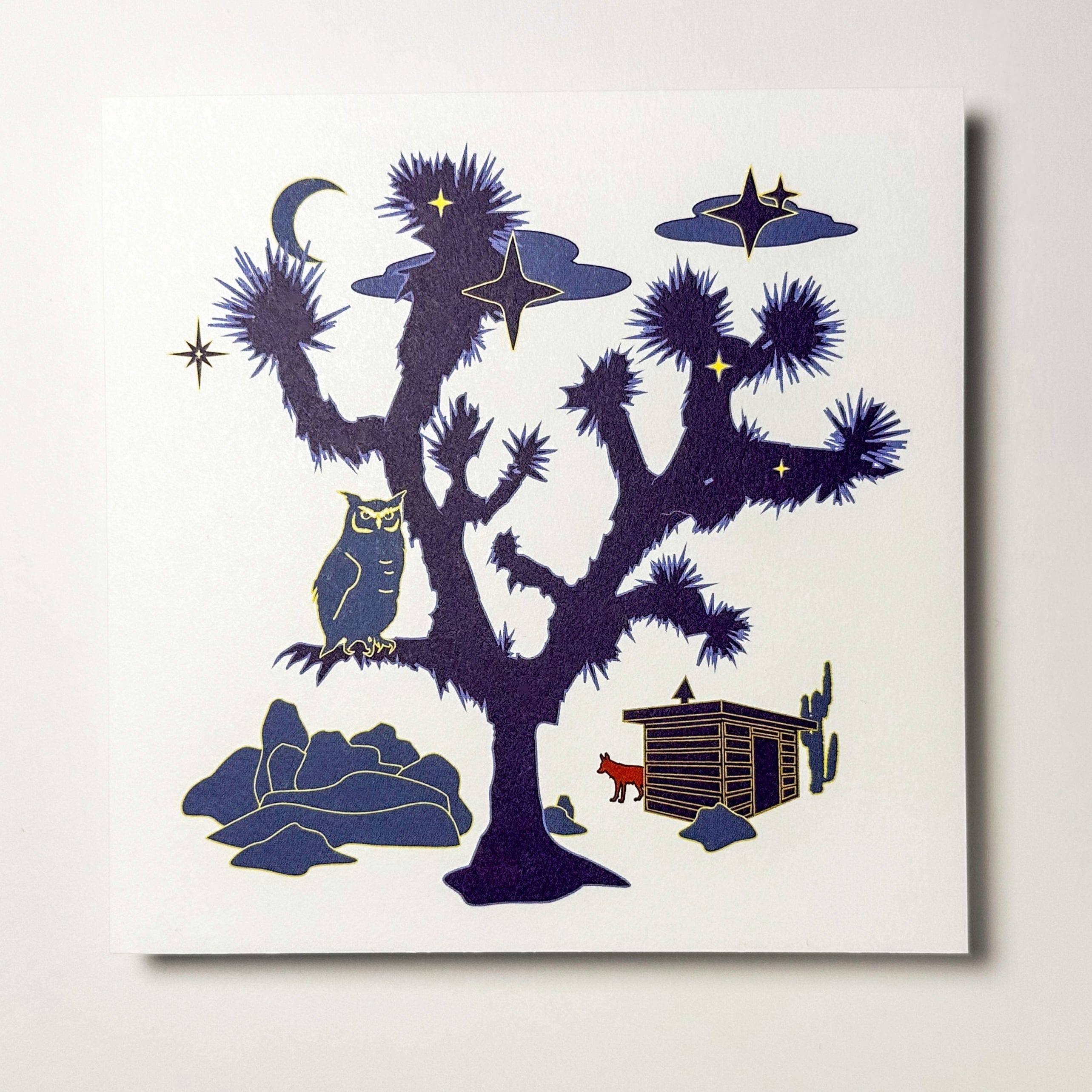 kreaturetown Postcard:  Night Owl (Blue Joshua Tree/Owl) available in Joshua Tree at JT Trading Post