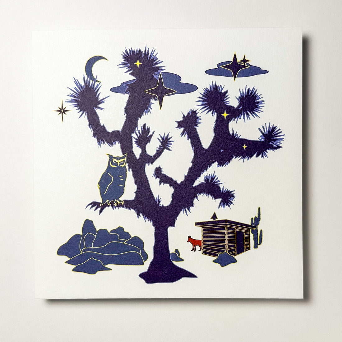 kreaturetown Postcard:  Night Owl (Blue Joshua Tree/Owl) available in Joshua Tree at JT Trading Post