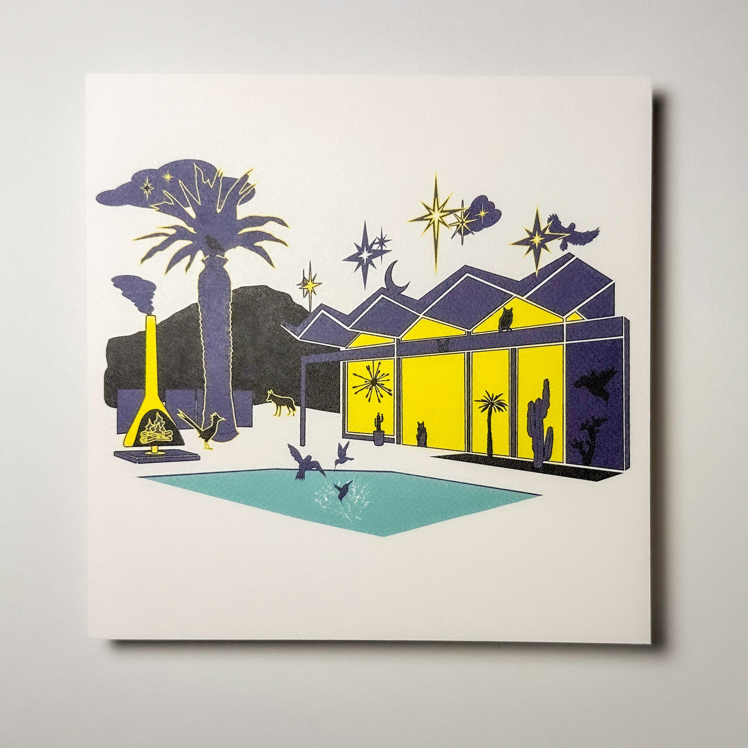 kreaturetown Postcard:  "Twilight Time" (Mid-Century House w/Pool) available in Joshua Tree at JT Trading Post
