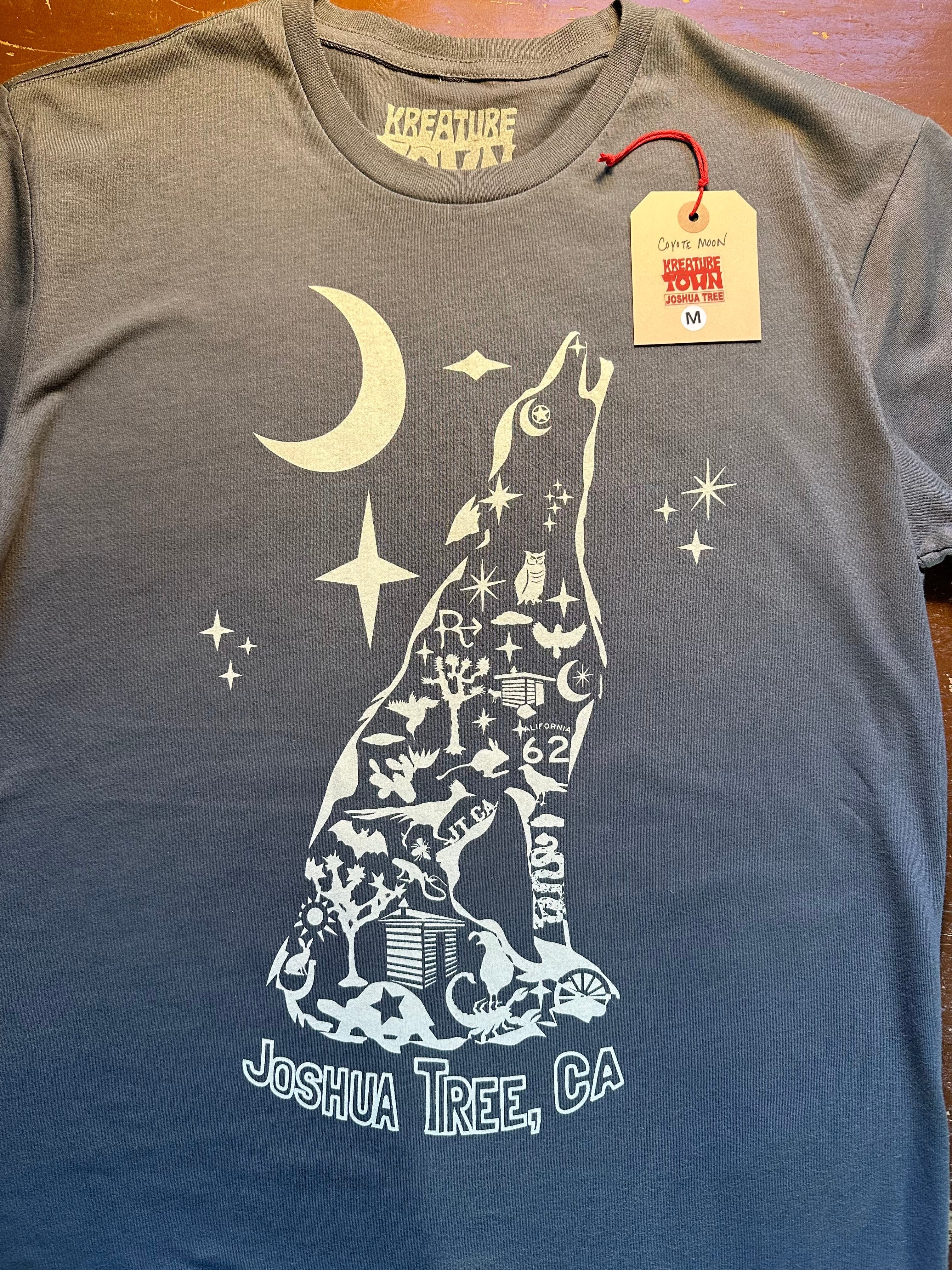 kreaturetown T Shirt:  Coyote Moon:  100% Ring-Spun Cotton available in Joshua Tree at JT Trading Post