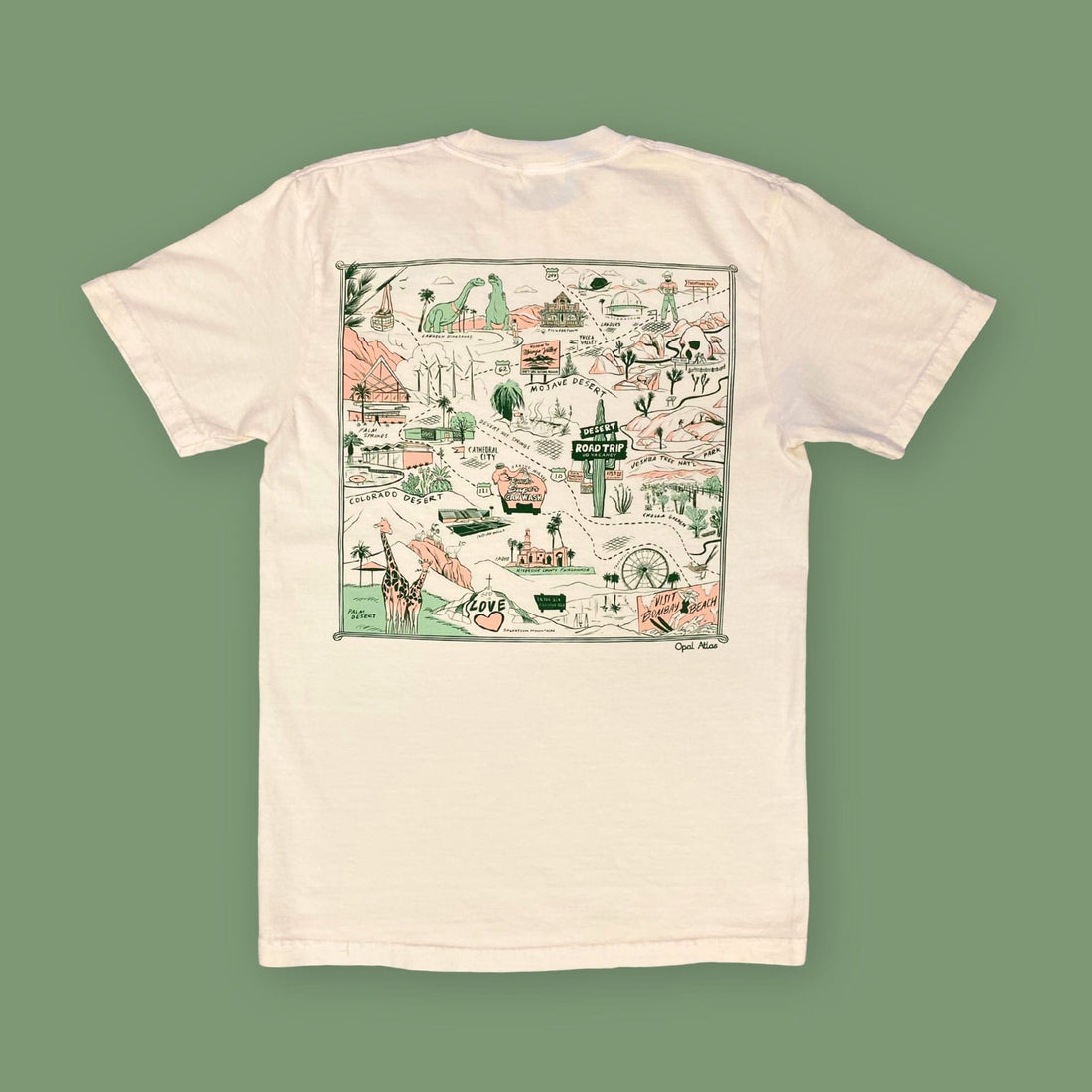 Back of cream Opal Atlas desert road trip T-shirt with large illustrated Mojave and Colorado Desert map graphic.