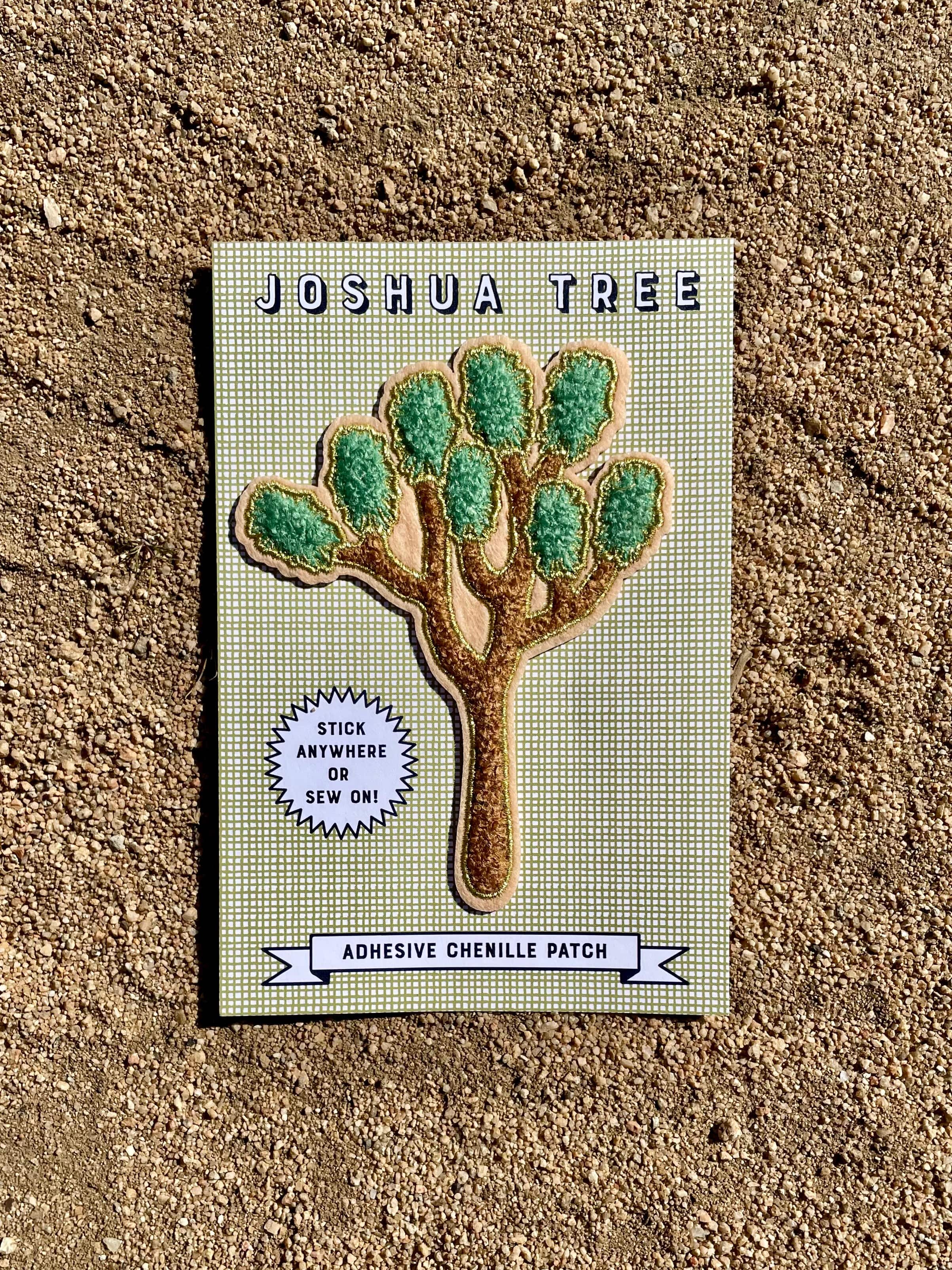 An adhesive chenille patch designed to resemble a Joshua Tree, with gold metallic embroidered details on a felt base.