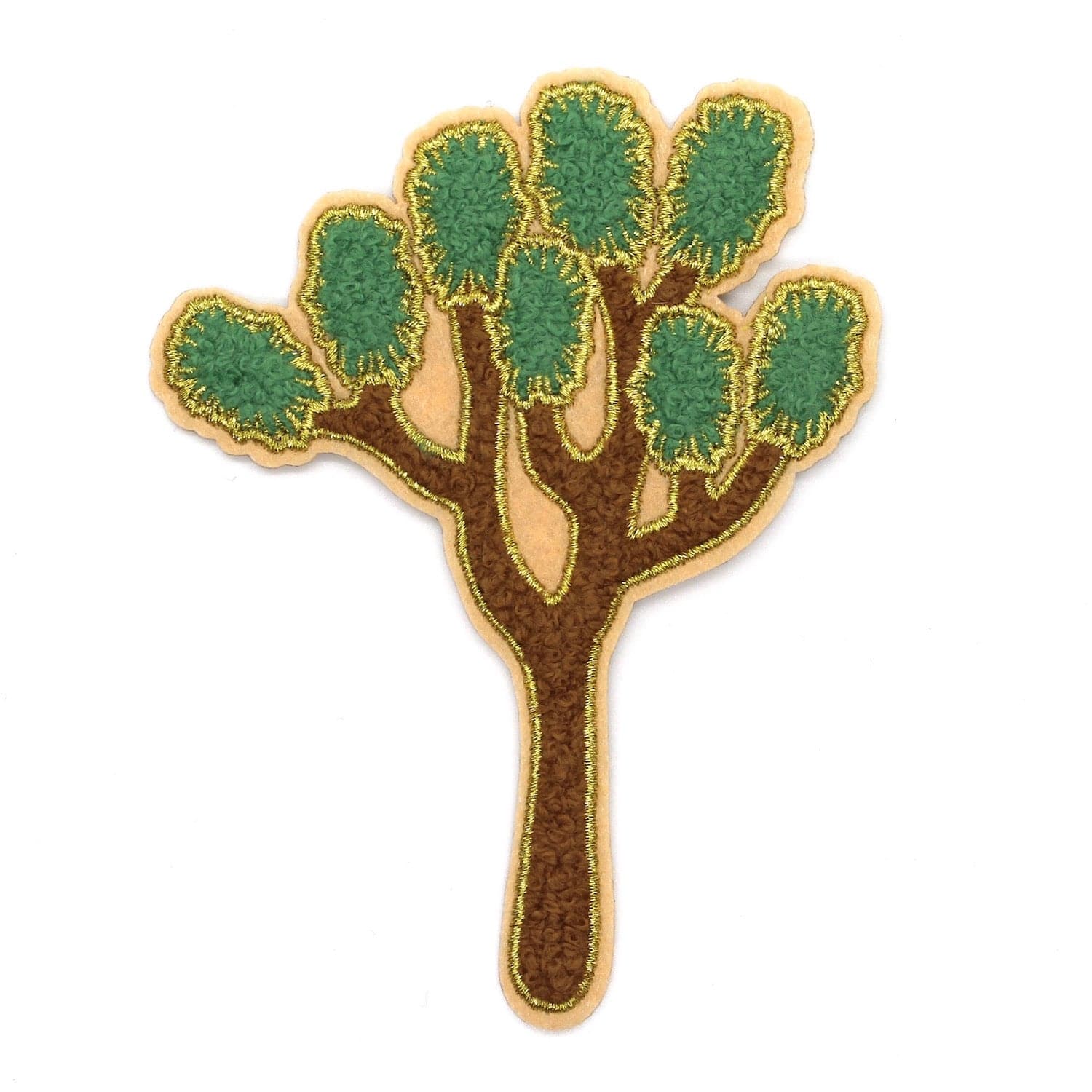 An adhesive chenille patch designed to resemble a Joshua Tree, with gold metallic embroidered details on a felt base.