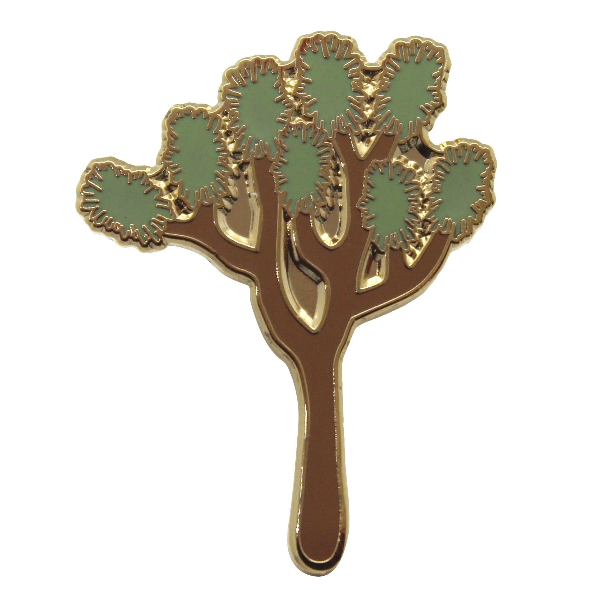 An enamel pin shaped like a Joshua Tree The pin is green and brown with gold trim.