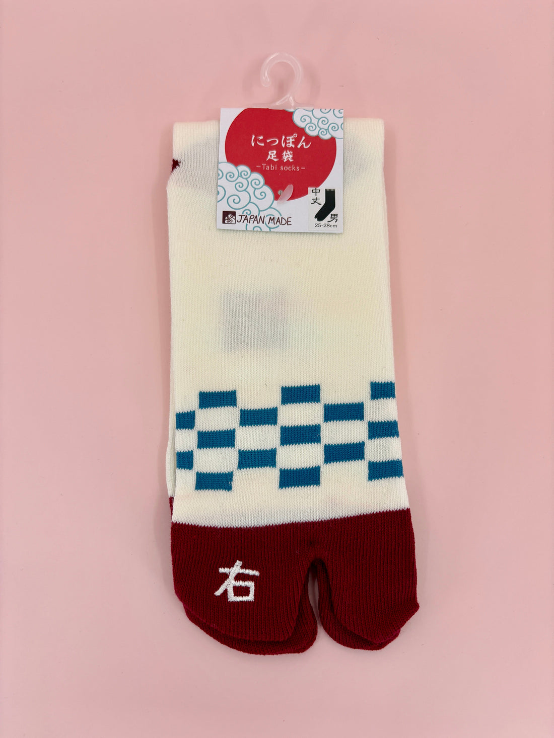 Pair of white tabi socks with blue checkered pattern and maroon bottom