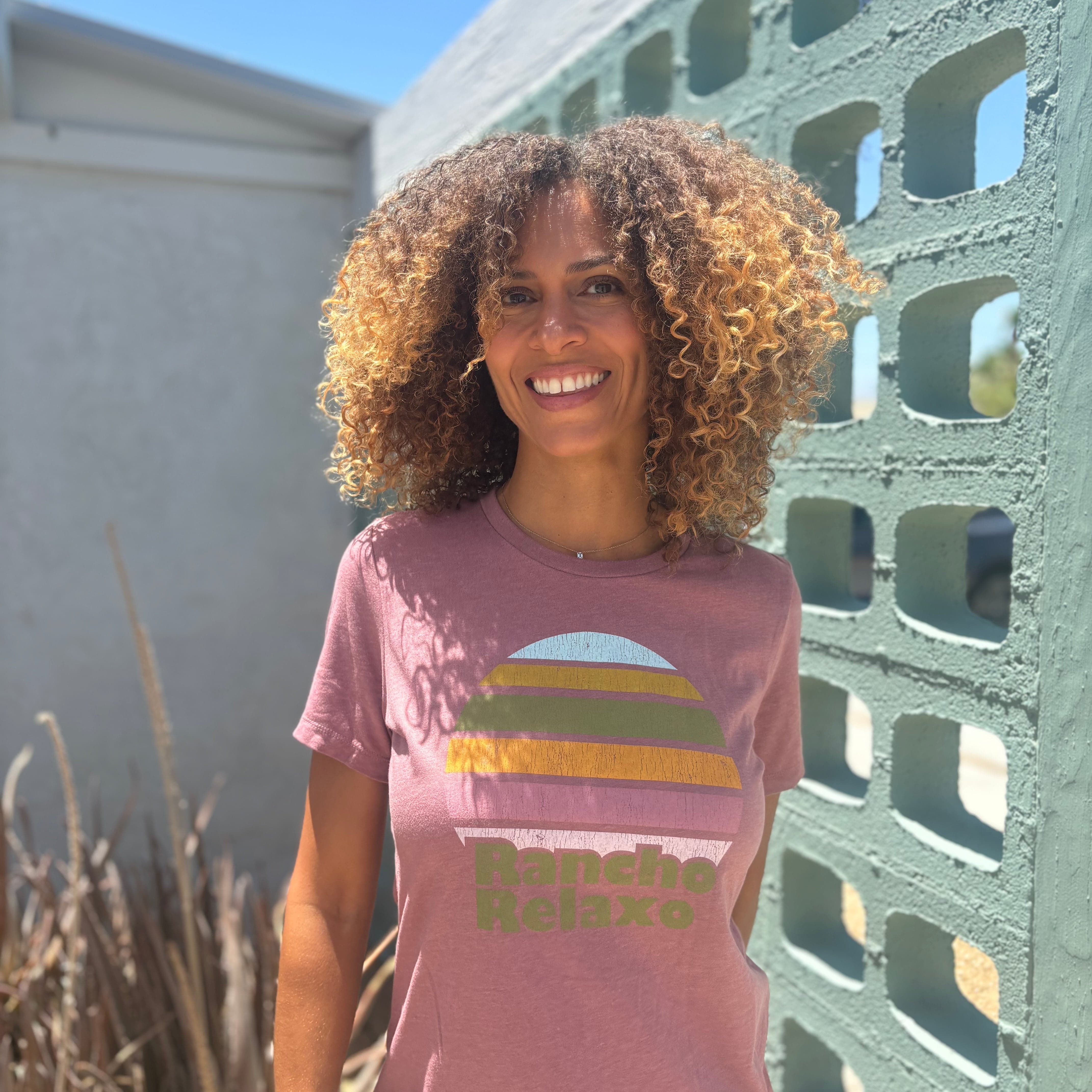 Rancho Relaxo Rainbow Sun Boyfriend Heather Tee available in Joshua Tree at JT Trading Post