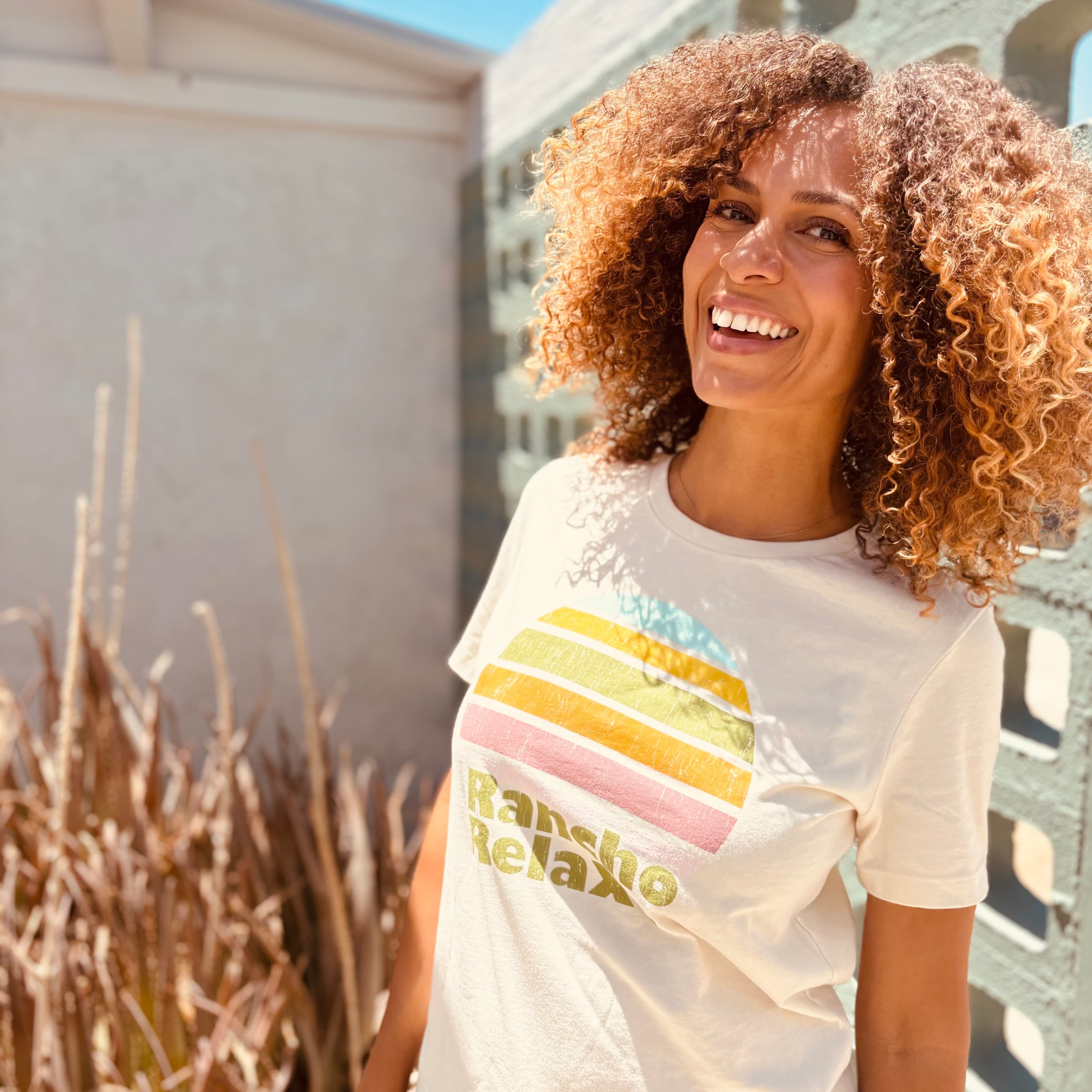 Rancho Relaxo Rainbow Sun Boyfriend Heather Tee available in Joshua Tree at JT Trading Post