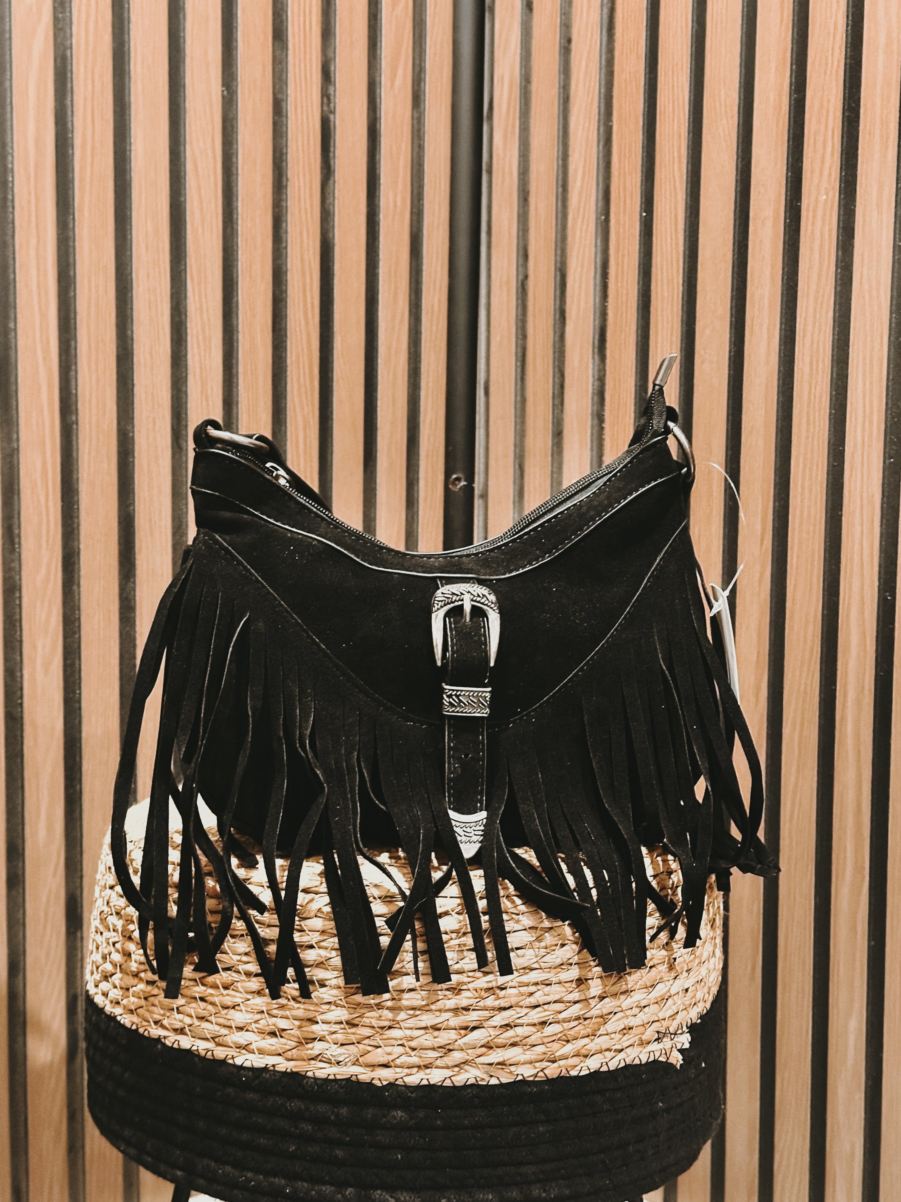 Roaming Travelers Black Western Buckle Fringe Shoulder Bag available in Joshua Tree at JT Trading Post