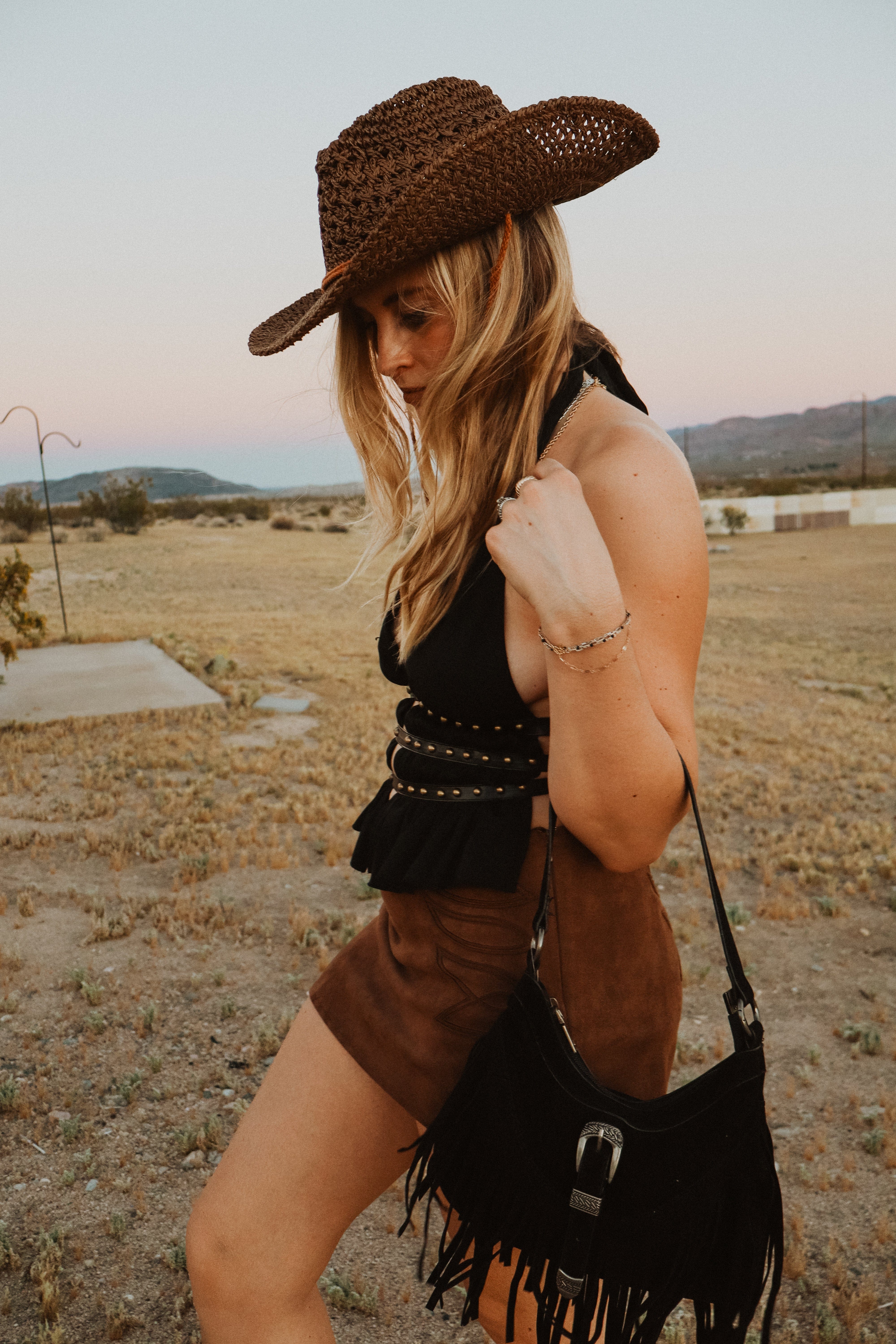 Roaming Travelers Black Western Buckle Fringe Shoulder Bag available in Joshua Tree at JT Trading Post