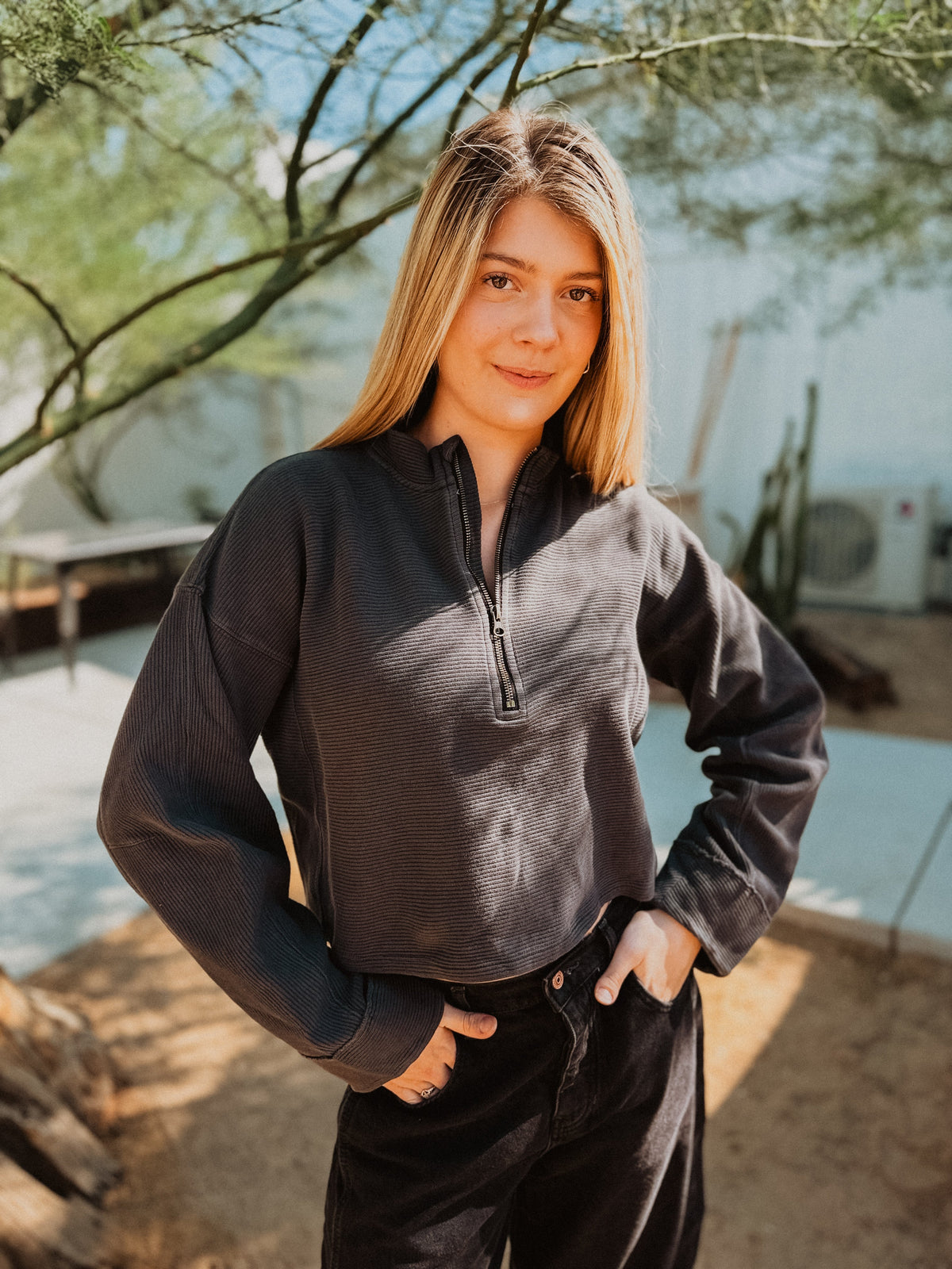 Roaming Travelers We The Free Celeste Quarter Zip available in Joshua Tree at JT Trading Post