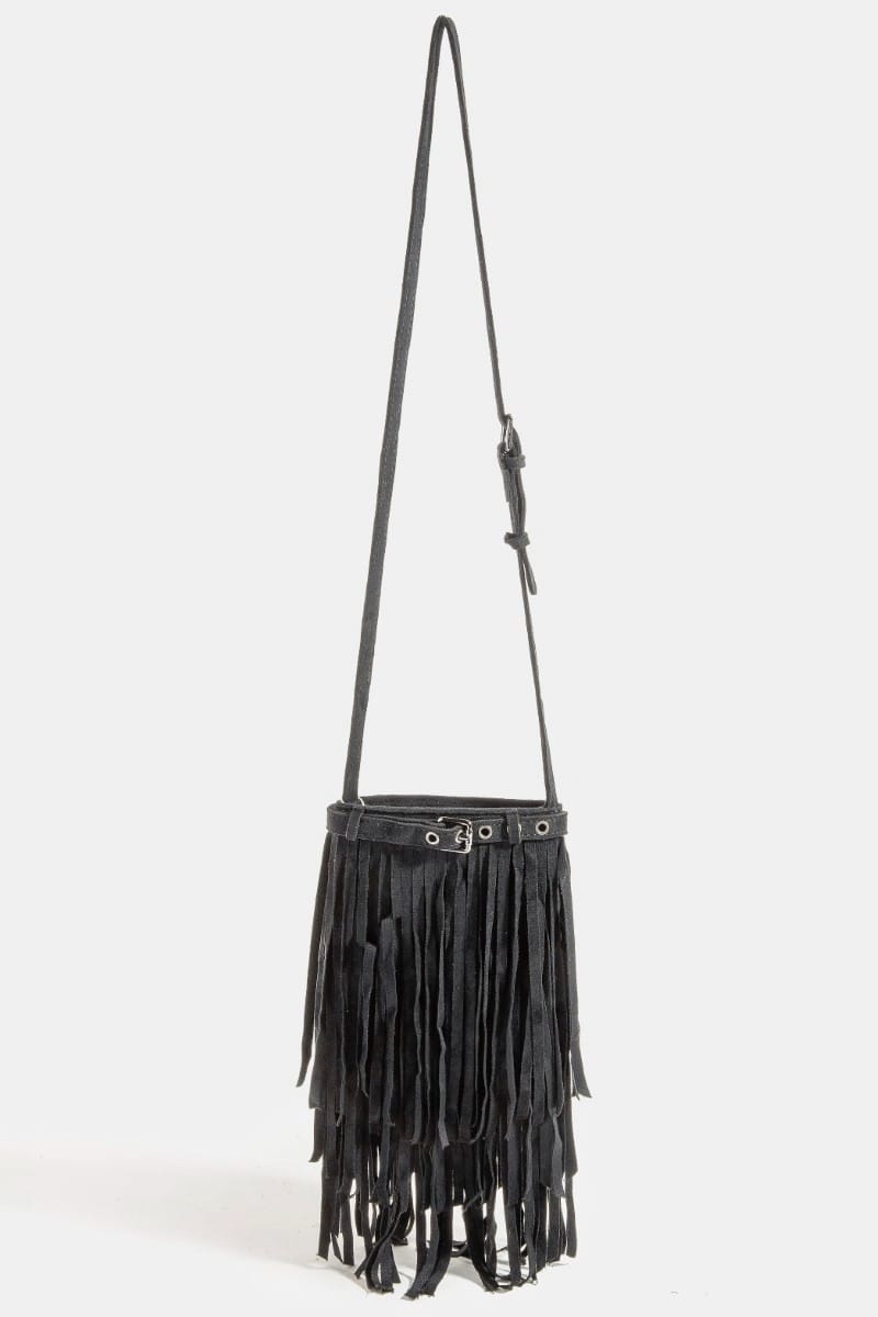 Roaming Travelers Handbags Long Fringe Bucket Shoulder Bag | Black