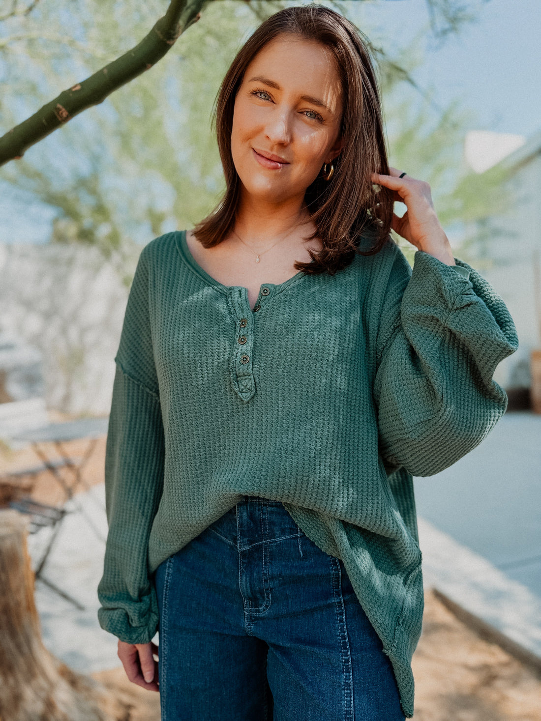 Roaming Travelers We The Free Montreal Oversized Thermal Henley available in Joshua Tree at JT Trading Post