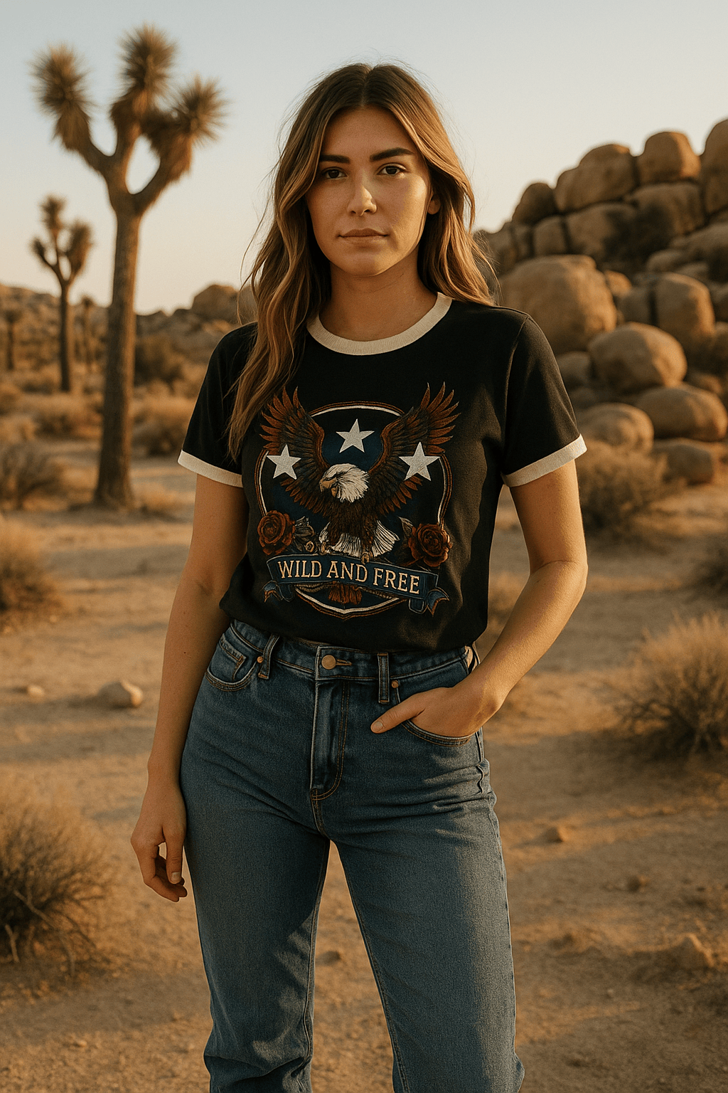Roaming Travelers Wild & Free Ringer Tee available in Joshua Tree at JT Trading Post