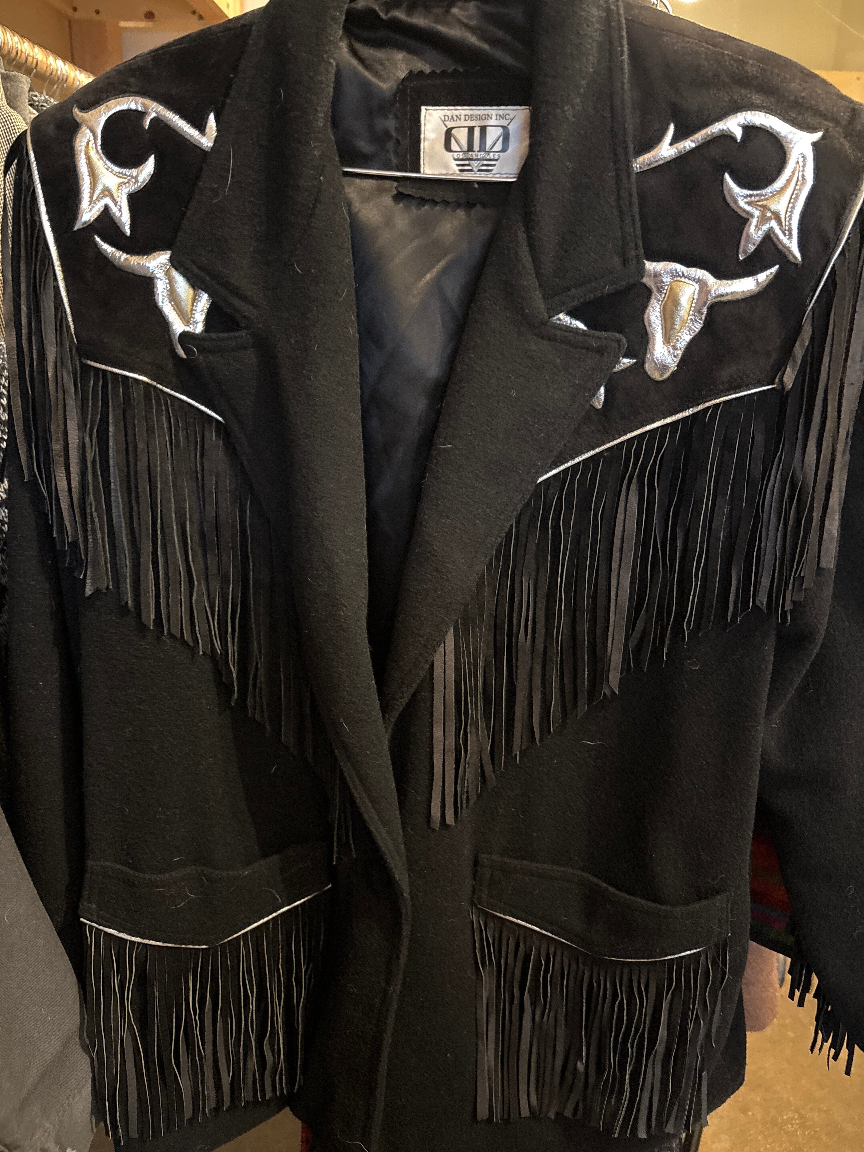 Venus Of The Desert Vtg Dan design blk leather fringe coat available in Joshua Tree at JT Trading Post