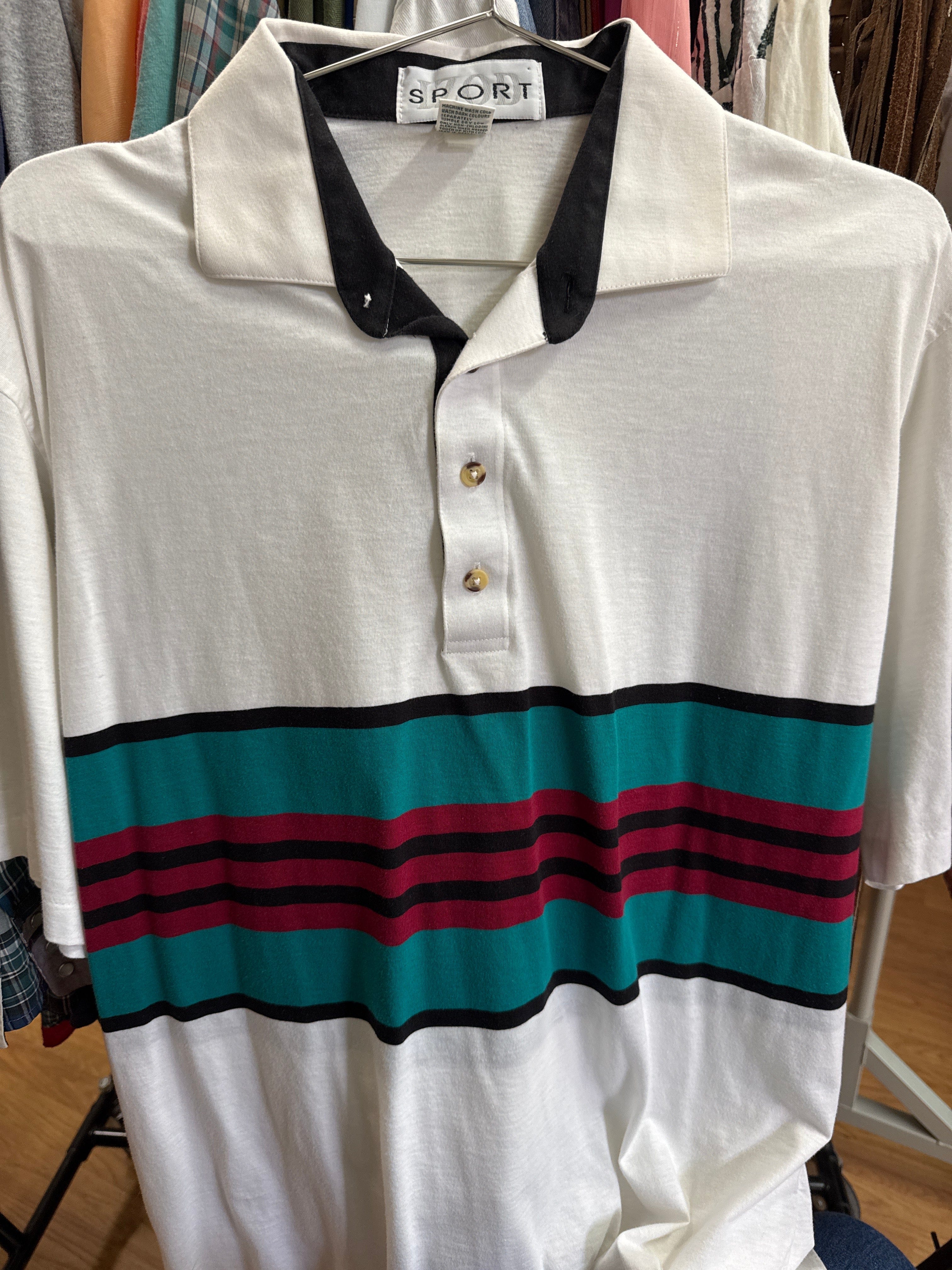 Venus Of The Desert Vtg IZOD Teal Stripe Polo available in Joshua Tree at JT Trading Post