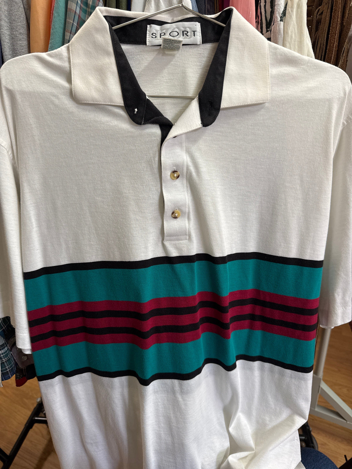 Venus Of The Desert Vtg IZOD Teal Stripe Polo available in Joshua Tree at JT Trading Post