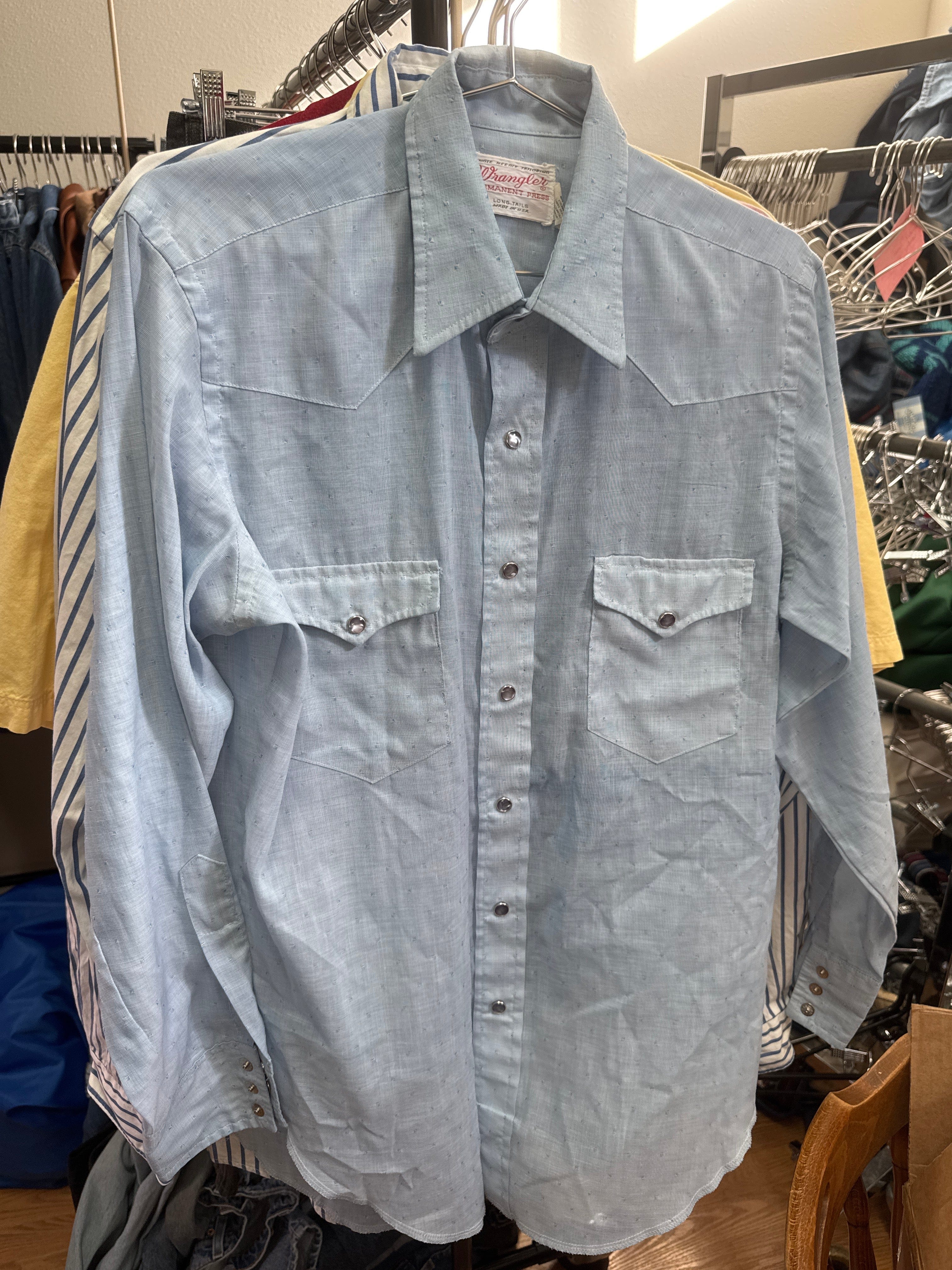 Venus Of The Desert VTG Wrangler Blue Snaps Shirt available in Joshua Tree at JT Trading Post