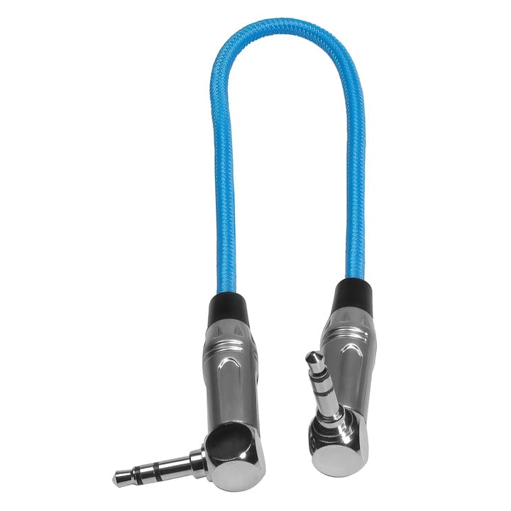 Blue nylon-braided 10-inch 3.5mm to 3.5mm right-angle time code audio cable with metal connectors