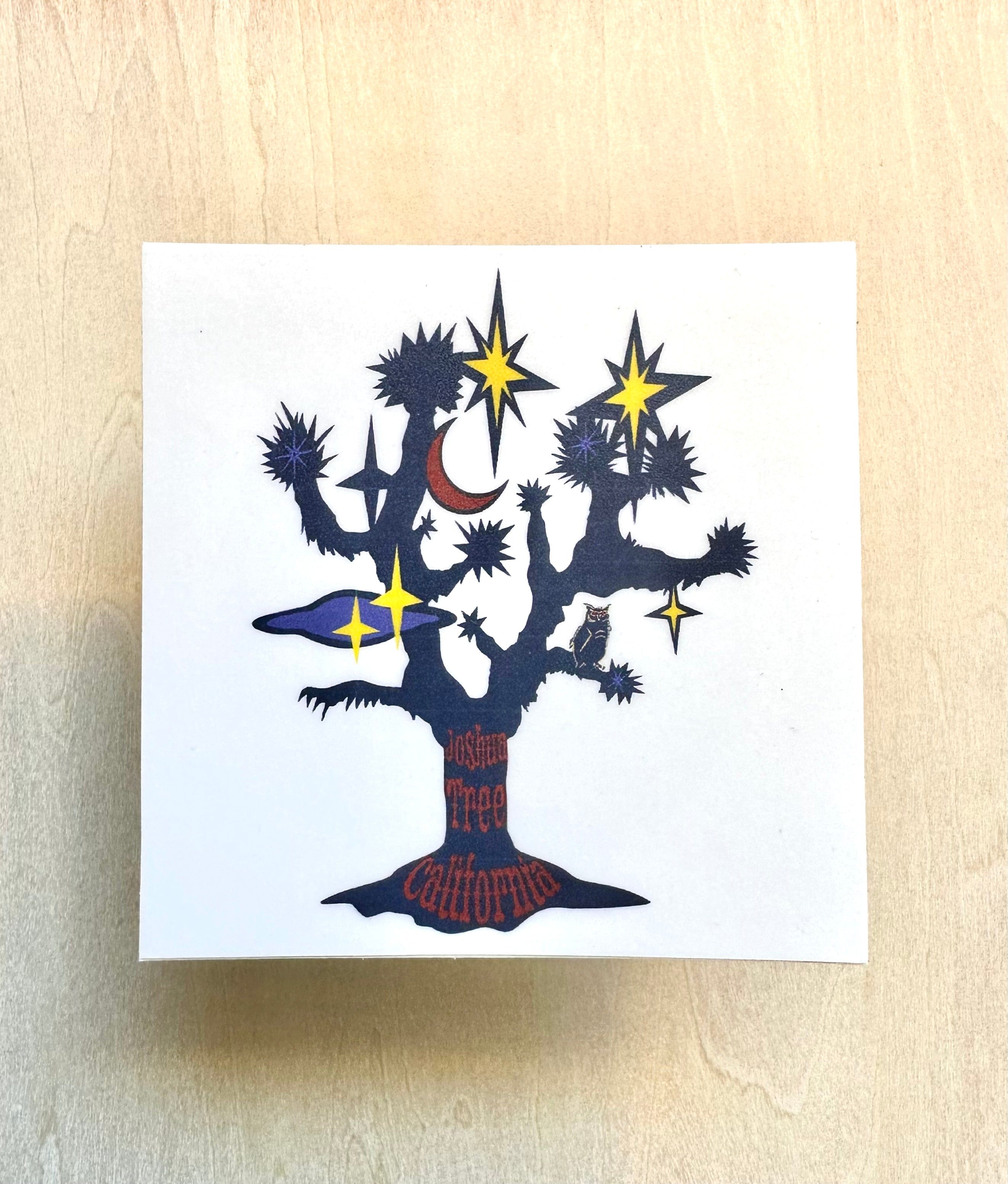 kreaturetown 3" Square Sticker:  Blue Tree & and Yellow Stars