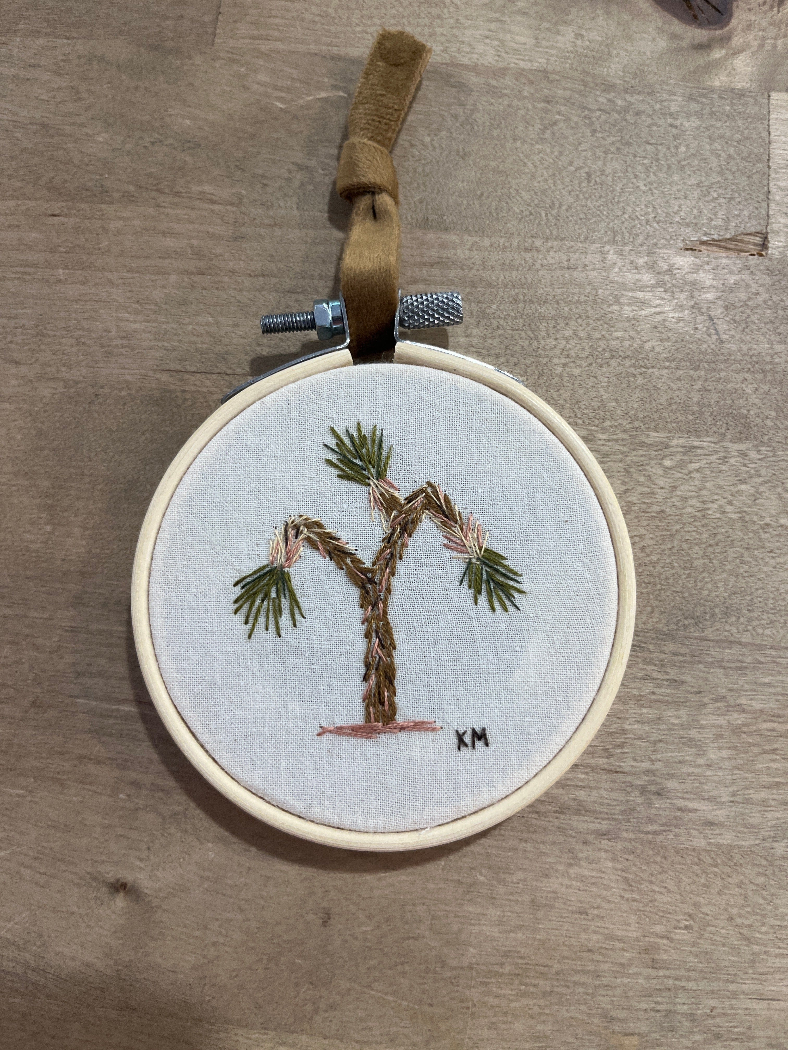 Seamstress Kate Hand Embroidered Joshua Tree Art In Bamboo Hoop 3.5” Ornament