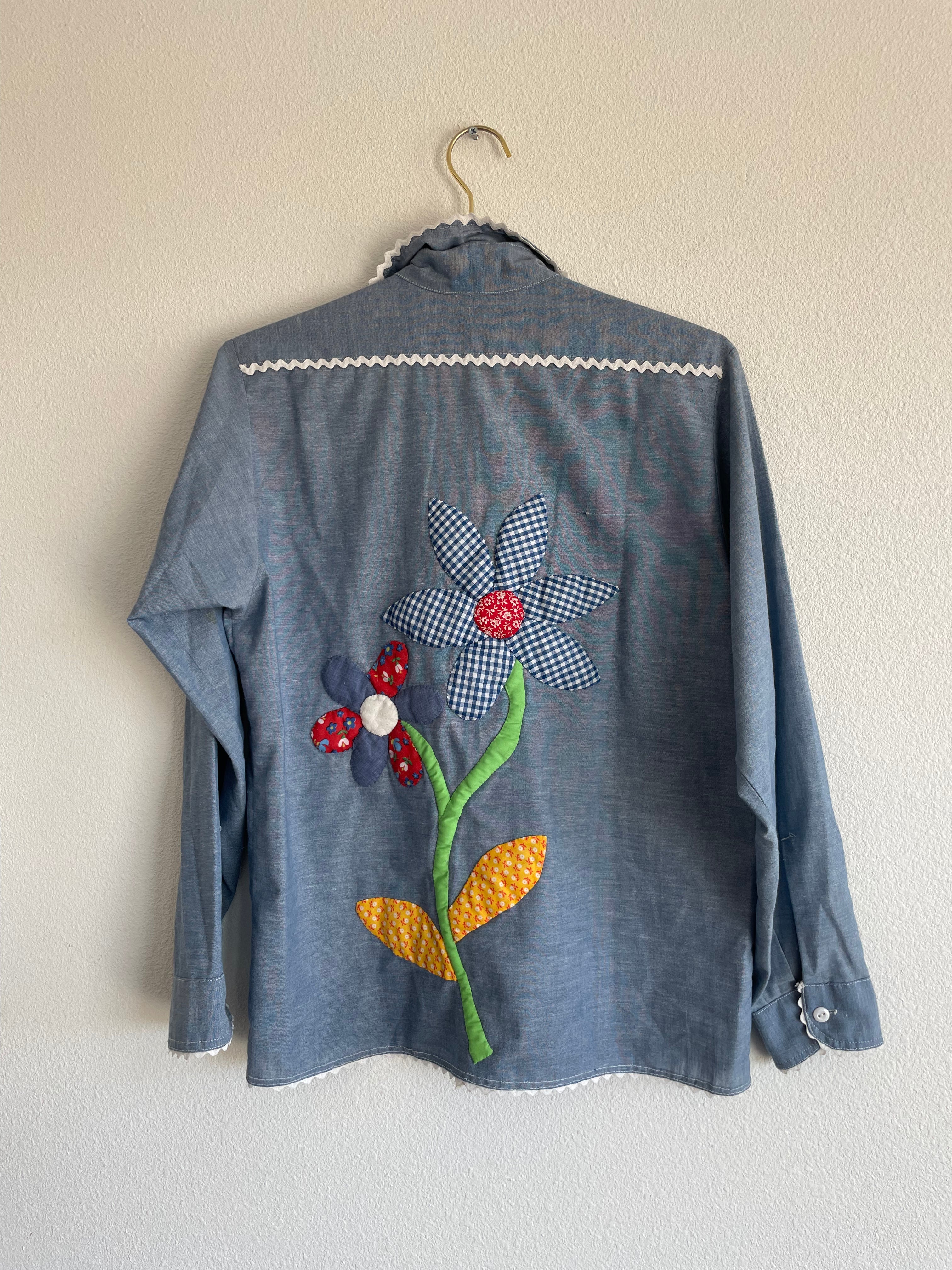 70s Handmade Floral Quilt Denim Top